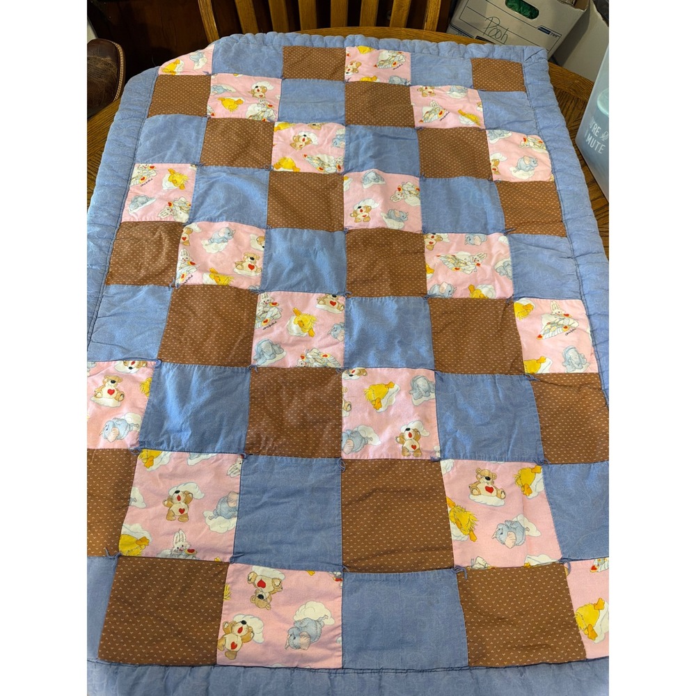 Vintage Handmade Patchwork Baby Quilt Teddy Bear Bunny Blue Pink Brown Nursery